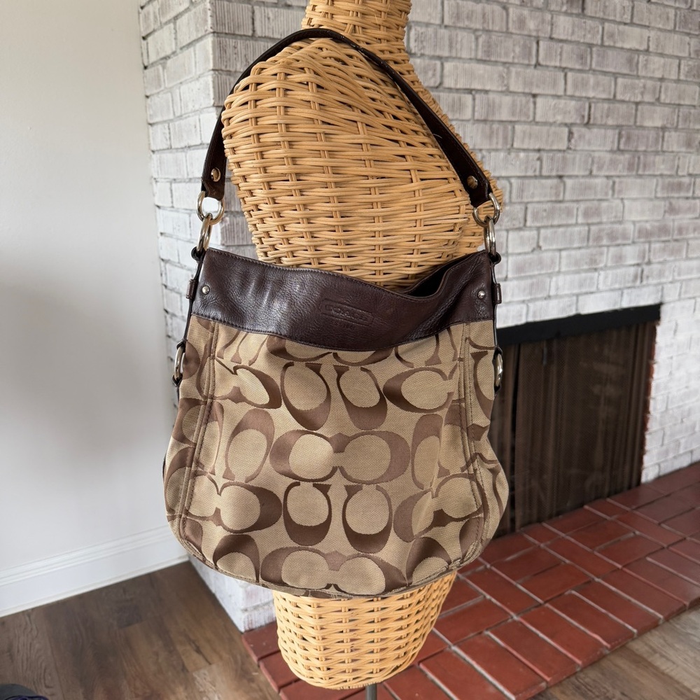 Coach Brown Monogram Shoulder Bag with Leather Accents